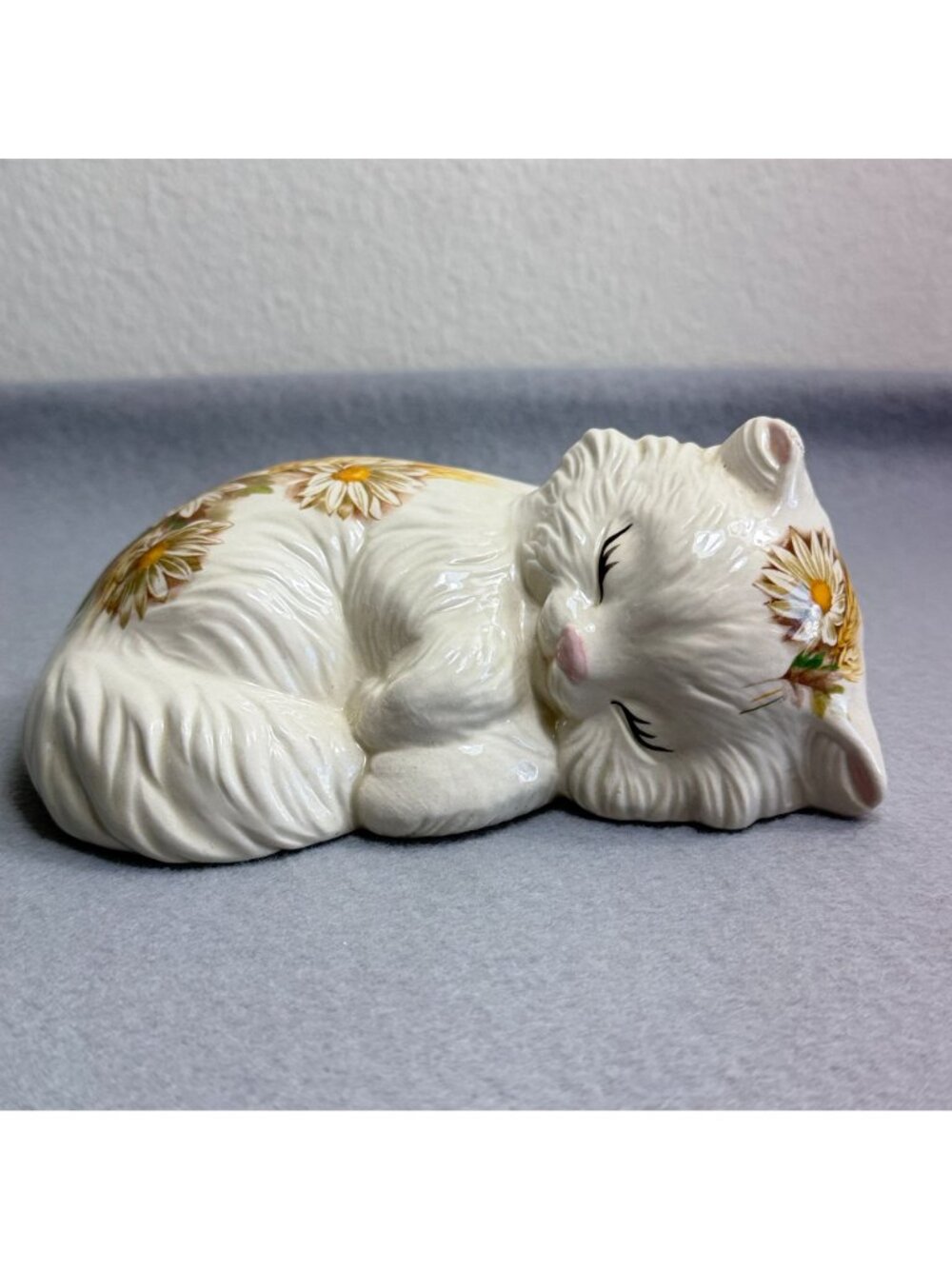 Vintage Lefton Ceramic Sleeping Cat Wall Plaque Daisy Wheat Figurine 1629 - Picture 4 of 13